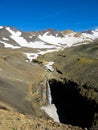Panorama in active crater of Mutnovsky volcano with waterfall, Kamchatka, Russia