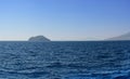 Panorama of the Aegean Sea overlooking the next islands and mountains in the summer evening after a decline. it is sewed from four Royalty Free Stock Photo