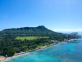 Panorama Aerial Drone View of Waikiki Beach Honolulu Hawaii USA taken from Diamond head. Resorts hotels on the white sandy beach Royalty Free Stock Photo