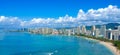 Panorama Aerial Drone View of Waikiki Beach Honolulu Hawaii USA taken from Diamond head. Resorts hotels on the white sandy beach Royalty Free Stock Photo