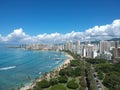 Panorama Aerial Drone View of Waikiki Beach Honolulu Hawaii USA taken from Diamond head. Resorts hotels on the white sandy beach Royalty Free Stock Photo