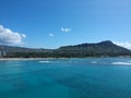 Panorama Aerial Drone View of Waikiki Beach Honolulu Hawaii USA taken from Diamond head. Resorts hotels on the white sandy beach Royalty Free Stock Photo