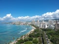 Panorama Aerial Drone View of Waikiki Beach Honolulu Hawaii USA taken from Diamond head. Resorts hotels on the white sandy beach Royalty Free Stock Photo