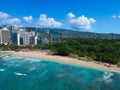 Panorama Aerial Drone View of Waikiki Beach Honolulu Hawaii USA taken from Diamond head. Resorts hotels on the white sandy beach Royalty Free Stock Photo