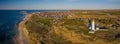Panorama aerial of lighthouse Hirtshals Fyr with campers and vans parked nearby on the sandy beach and Hirtshals