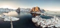 Panorama aerial view of archipelago of arctic ocean with fishing village in winter Royalty Free Stock Photo