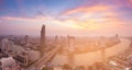 Panorama Aerial view Bangkok city river curved with after sunset tone Royalty Free Stock Photo