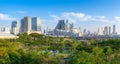 Panorama aerial view Bangkok city urban downtown skyline modern office buildings and condominium tower on blue sky background