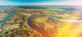 Aerial View Green Forest Woods And River Landscape In Sunny Spring Summer Day. Top View Of Nature, Bird's Eye View Royalty Free Stock Photo