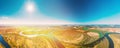 Panorama Aerial View Green Forest Woods And River Landscape In Sunny Spring Summer Day. Sunshine, Top View Of Nature Royalty Free Stock Photo