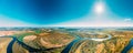 Panorama Aerial View Green Forest Woods And River Landscape In Sunny Spring Summer Day. Sunshine, Top View Of Nature Royalty Free Stock Photo