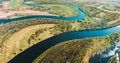 Panorama Aerial View Green Forest Woods And River Landscape In Sunny Spring Summer Day. Top View Of Nature, Bird's Royalty Free Stock Photo