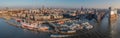 Panorama aerial view of the harbor, St. Michael`s Church German: St. Michaelis and downtown Hamburg, Germany. Panorama aerial vi Royalty Free Stock Photo