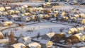 Panorama Aerial view of homes in snowy Utah Valley neighborhood at sunset in winter Royalty Free Stock Photo