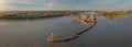 Panorama aerial view of the Kiel Canal waterway with lockage BrunsbÃÂ¼ttel. Cargo ships pass the BrunsbÃÂ¼ttel lock.