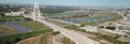 Panorama aerial view Margaret Hunt Hill, Ronald Kirk Bridge and Sylvan Avenue with suburbs of downtown Dallas, Texas Royalty Free Stock Photo