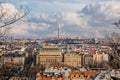 Panorama aerial view of Old town cityscape from Petrin Hill, building of national theater, red roofs and Zizkov television tower Royalty Free Stock Photo