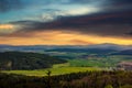 Panorama of aerial view at sunset over Czech countryside Royalty Free Stock Photo