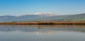 Panorama of Agmon Hahula Nature Reserve reflection of Mount Hermon in the Galilee , Israel