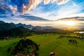 Panorama from the air sunset Forggensee and Schwangau, Germany, Bavaria Royalty Free Stock Photo