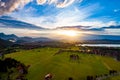 Panorama from the air sunset Forggensee and Schwangau, Germany, Royalty Free Stock Photo