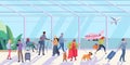Panorama of the airport hall. People waiting for an airplane flight. Fat lady with dog and luggage. Aircraft. vector Royalty Free Stock Photo