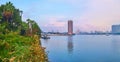 Panorama of palm garden on the Nile`s bank, Giza, Egypt