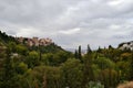 Panorama of the Alhambra in Granada and the forest from Sacromonte on a cloudy and rainy autumn day