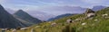 Panorama of the Alpine mountains. Ridges and peaks are visible in the background. Stones lie on the grassy slope Royalty Free Stock Photo