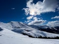 Panorama of alpine ski tracks and mountain tops high in the Alps Royalty Free Stock Photo