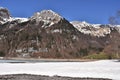 Panorama of Alps with KlÃÂ¶ntalersee lake in the foreground in early spring sunny day in KlÃÂ¶ntal