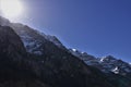 Panorama of Alps mountain under the sun taking from dry bottom of Lake Kloental in the Swiss Alps in Klontal valley Royalty Free Stock Photo