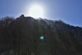 Panorama of Alps mountain under the sun with trees in foreground taking from dry bottom of Lake Kloental Royalty Free Stock Photo