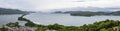 Panorama of Amanohashidate `Heaven Brigde` with Miyazu Bay and Islands between a green Landscape. Miyazu, Japan, Asia.