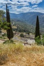 Panorama of Amphitheatre in Ancient Greek archaeological site of Delphi, Greece Royalty Free Stock Photo