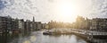 Panorama of Amsterdam canal with typical dutch houses in morning. Amsterdam Netherlands September 2017