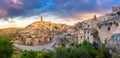 Panorama of the ancient city of Matera at sunset