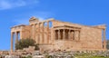 Panorama of ancient Erechtheion Greek temple with Porch of the Caryatids at the Acropolis in Athens, Greece Royalty Free Stock Photo