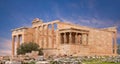 Panorama of ancient Erechtheion Greek temple with Porch of the Caryatids at the Acropolis in Athens, Greece Royalty Free Stock Photo