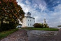 Panorama of the ancient male St. George Monastery in the suburbs of Veliky Novgorod.