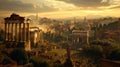 Panorama of Ancient Rome at sunset, landscape of old buildings and sky, aerial view of city in summer. Concept of Roman Empire, Royalty Free Stock Photo