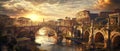 Panorama of Ancient Rome at sunset, landscape with river, bridge sun and sky, aerial view of city in summer. Concept of Roman Royalty Free Stock Photo