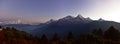 Panorama of Annapurna & Himalaya mountain ranges at dawn as viewed from summit of Poon Hill, Nepal Royalty Free Stock Photo