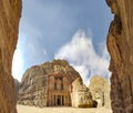 Panorama of Approach and view of the facade of the Treasury building in the ancient Nabatean ruins of Petra Royalty Free Stock Photo