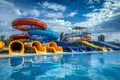 Panorama aquapark sliders, aqua park, water park Royalty Free Stock Photo