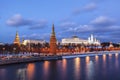 Panorama of the architectural ensemble of the Moscow Kremlin in the winter evening twilight Royalty Free Stock Photo