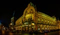 Panorama of Art Nouveau Municipal House Smetana Hall and Powder Tower in night illumination, on March 04 in Prague, Czech