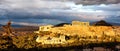 Panorama of Athens with Acropolis hill at dramatic sunset, Greece Royalty Free Stock Photo