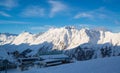 Panorama of the Austrian ski resort Ischgl with skiers.