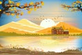 Panorama autumn landscape of countryside with beautiful sunset in evening.Vector illustration Cartoon farm field with reflection